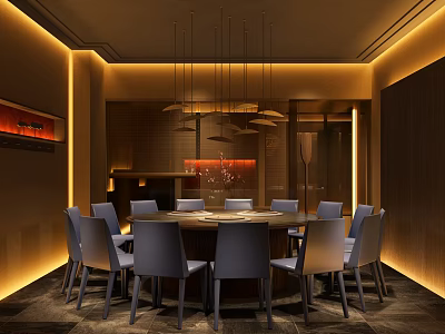 Elegant Modern Private Dining Room Interior With Round Dining Table Gray Chairs And Warm Lighting 3d model