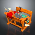 Craftsman Wooden Workbench With Various Tools Red Cloth Papers And Measuring Tape