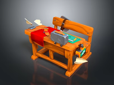 Craftsman Wooden Workbench With Various Tools Red Cloth Papers And Measuring Tape 3d model