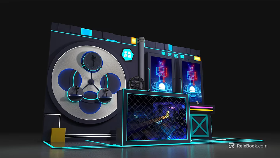 Cyberpunk Themed Photo Spot With Neon Lights Circular Device Screens And Grid Fence 3d model 