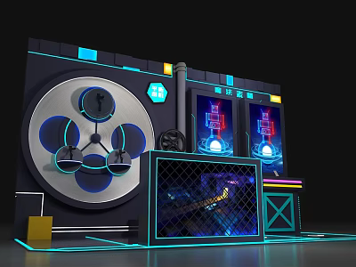 Cyberpunk Themed Photo Spot With Neon Lights Circular Device Screens And Grid Fence 3d model