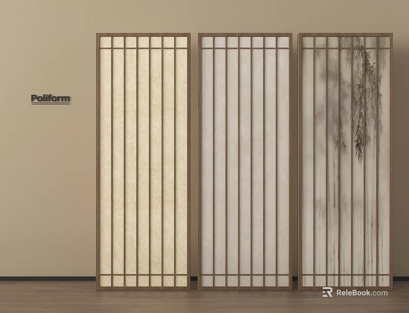 Three Panel Vertical Slat Wooden Room Divider With Different Natural Textures 3d model