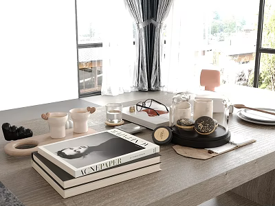 Stylish Decorative Ornament Combination For Tabletop With Books Cups Tray And Glasses 3d model