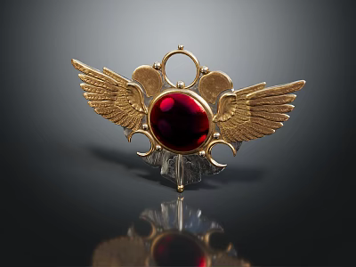 Intricate Sculpture Carving With Golden Wings Red Gemstone And Metallic Decorative Details 3d model