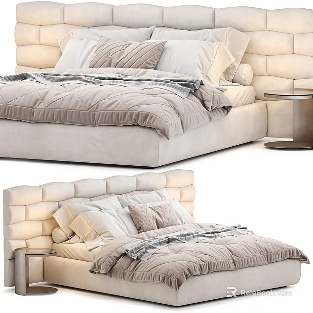Modern Double Bed With Tufted Headboard Soft Pillows Cozy Duvet And Nightstand 3d model 