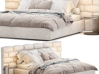 Modern Double Bed With Tufted Headboard Soft Pillows Cozy Duvet And Nightstand 3d model
