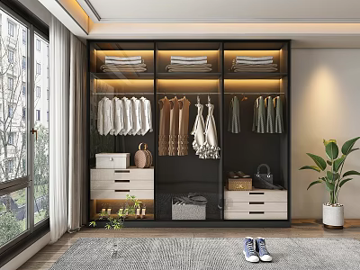 Modern Whole Wardrobe Interior With Black Glass Doors Hanging Clothes Folded Garments Drawers And Plants 3d model