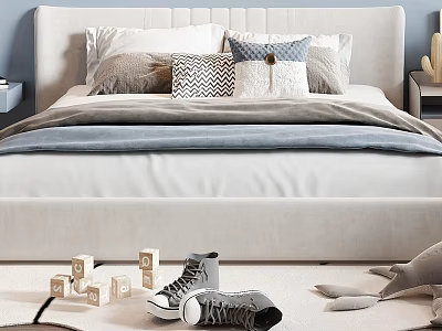Double Bed with Upholstered Headboard Plush Pillows Blue Blanket Nightstands Building Blocks Sneakers Stuffed Dolphin 3d model