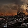 Ancient Scene Of Collapsed Buildings With Burning Structures And Smoke Filled Sky