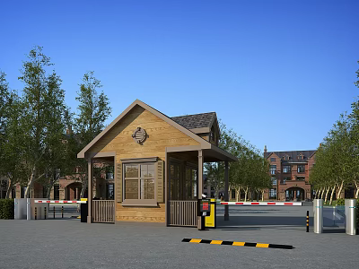 Wooden Gatehouse Entrance Area With Red Brick Building Trees And Road Barriers 3d model