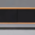 Modern Wooden Entryway Side Cabinet With Black Doors And Support Legs Design