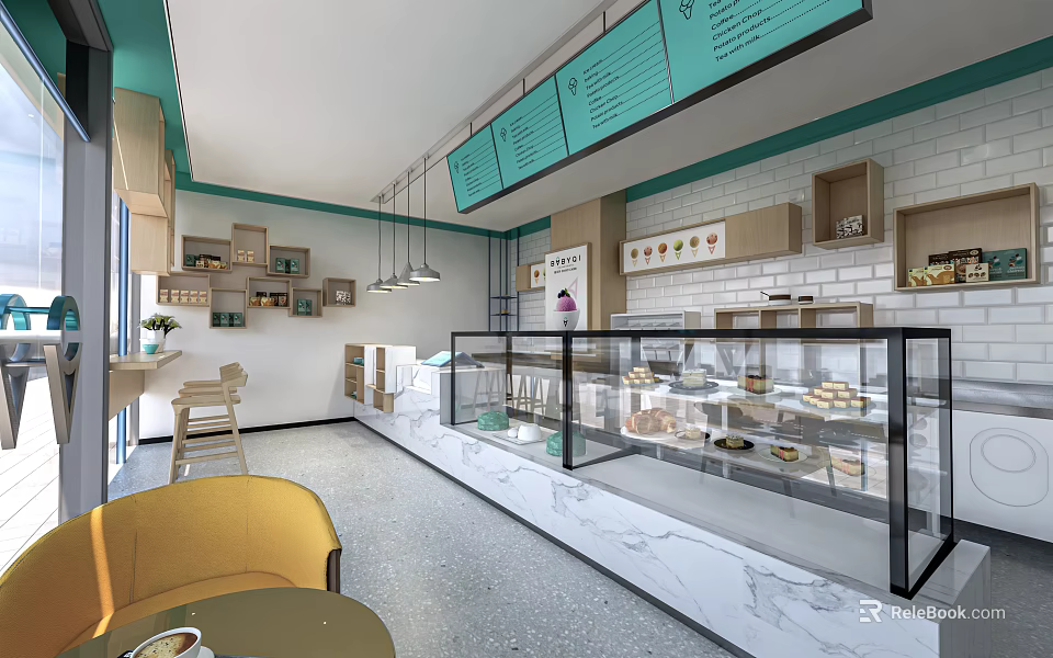 Bright Bubble Tea Shop Interior With Display Cases And Seating 3d model 