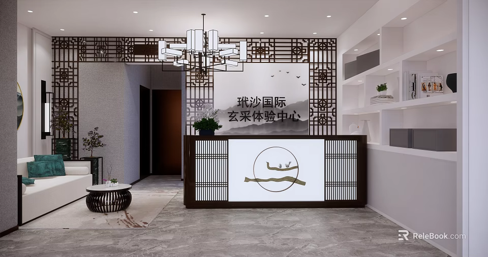 Modern Xuanmi Experience Center Reception Interior With Wooden Screen Green Plants And Chandelier 3d model 