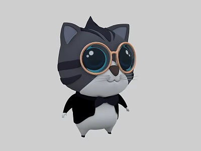 Cute Cartoon Cat Character Wearing Round Glasses Black Suit And Bow Tie 3d model