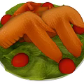 Appetizing Grilled Chicken Drumsticks on Green Leaves with Red Cherry Tomatoes on White Plate