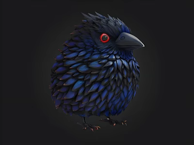 Vibrant Blue Bird With Fluffy Feathers Red Eyes On Black Background 3d model