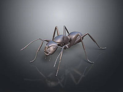 Realistic Metallic Ant With Detailed Legs And Reflection On Dark Background 3d model