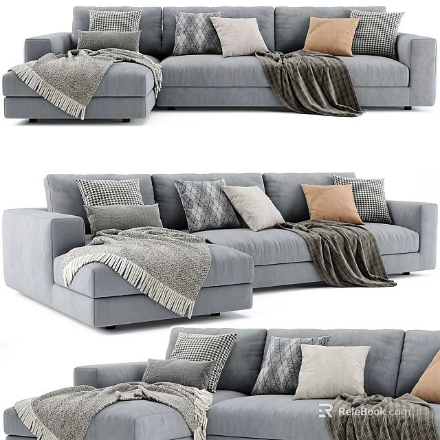 Gray L Shaped Sectional Sofa With Decorative Pillows And Throw Blanket 3d model