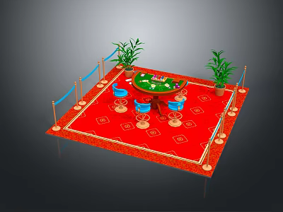 Building Interior Design With Red Carpet Green Table Blue Chairs Railings And Plants 3d model