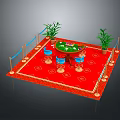 Building Interior Design With Red Carpet Green Table Blue Chairs Railings And Plants