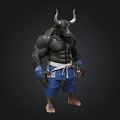 Muscular Minotaur 3D Model With Blue Shorts White Belt And Black Background