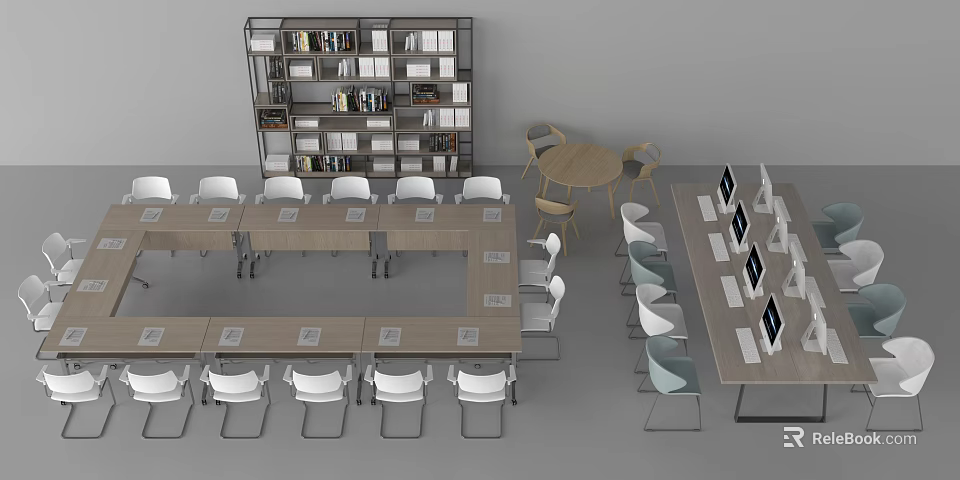Wooden Conference Table With White Chairs And Bookshelf In Modern Office Space 3d model 