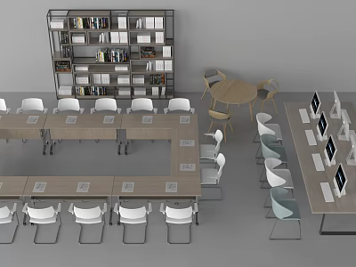 Wooden Conference Table With White Chairs And Bookshelf In Modern Office Space 3d model