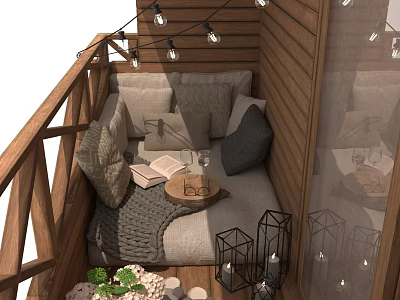 Outdoor Sofa with Decorative Pillows on Wooden Deck Featuring String Lights Lanterns and Small Plants 3d model