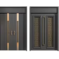 Stylish Dark Double Doors With Vertical Lines Intricate Patterns And Brass Accents 3d model