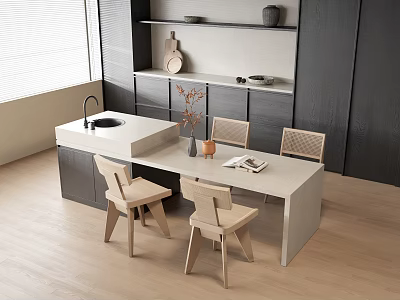 Modern Minimalist Bar Counter With Light Wood Chairs And Decorative Shelves Near Window 3d model