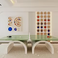 Ping Pong Table With Green Surface Arched Base And Geometric Wall Decor 3d model