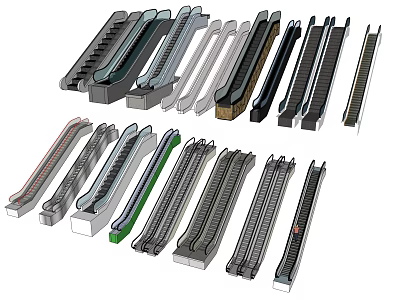 Various Modern Escalator Designs Featuring Metal Frames And Colored Handrails 3d model