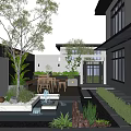 Serene Courtyard Garden With House Exterior Large Tree Water Feature And Outdoor Dining Area