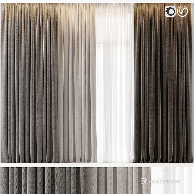 Modern Layered Gray White Window Curtains With Elegant Linen Drapes 3d model 