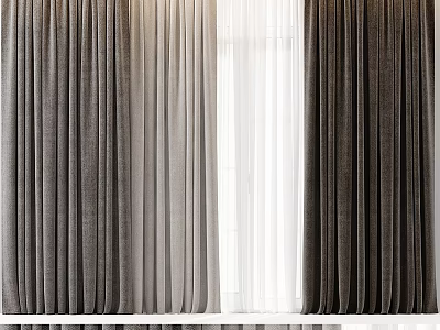 Modern Layered Gray White Window Curtains With Elegant Linen Drapes 3d model