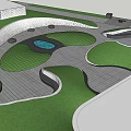 Modern Park Landscape With Curved Pathways Circular Lawns And Paved Seating Areas