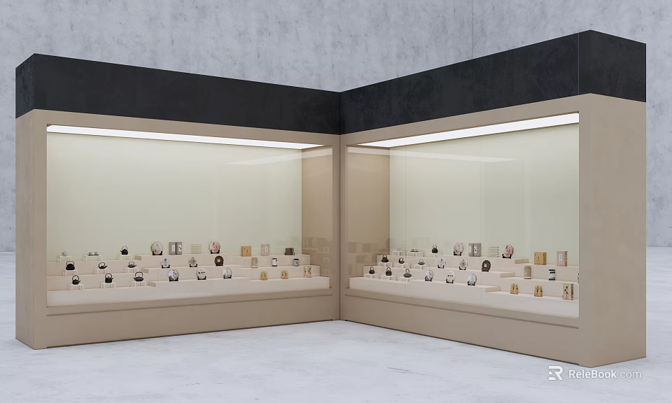 Elegant Tea Sets Neatly Arranged in Modern Glass Display Cabinets Interior 3d model 