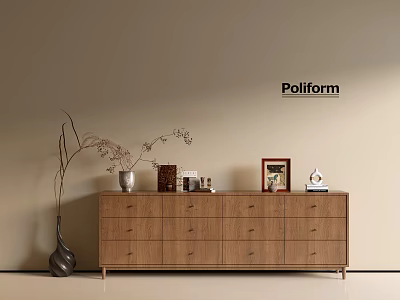 Modern Wooden Entryway Sideboard Cabinet With Drawers Decorative Vases Photo Frame Ornaments 3d model