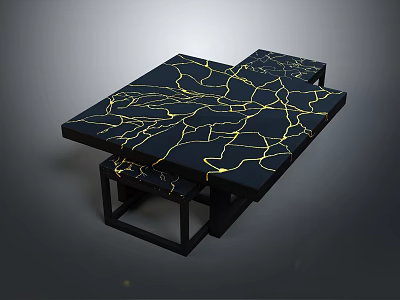 Modern Black Table With Gold Crackle Pattern Surface And Matching Stools 3d model