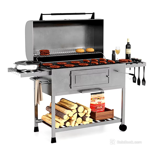 Stainless Steel Outdoor Grill With Grilling Sausages Potatoes Wine Bottles Glasses Firewood And Grilling Tools 3d model 
