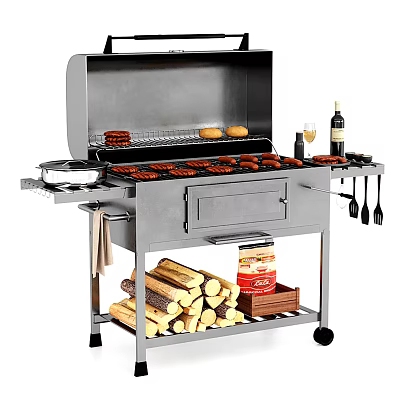 Stainless Steel Outdoor Grill With Grilling Sausages Potatoes Wine Bottles Glasses Firewood And Grilling Tools 3d model