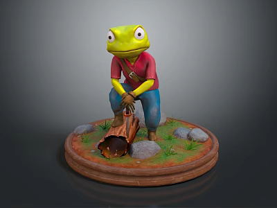 Frog Character In Red Shirt And Blue Pants Chopping Wood With Stones Grass Round Base 3d model
