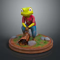Frog Character In Red Shirt And Blue Pants Chopping Wood With Stones Grass Round Base