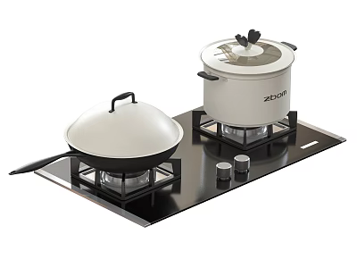 Kitchen Cookware Set With Wok And Stock Pot On Gas Stove 3d model