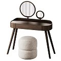 Modern Natural Wooden Dressing Table With Round Mirrors And Cushioned Stool