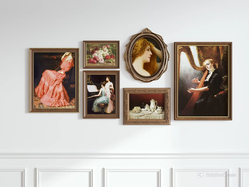Wall Decor With Framed Paintings Featuring Classical Figures Floral Scenes And Architectural Elements 3d model 