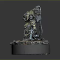 Game Movie Character Sci Fi Mecha Warrior In Metallic Armor With Weapons On Rocky Flaming Base