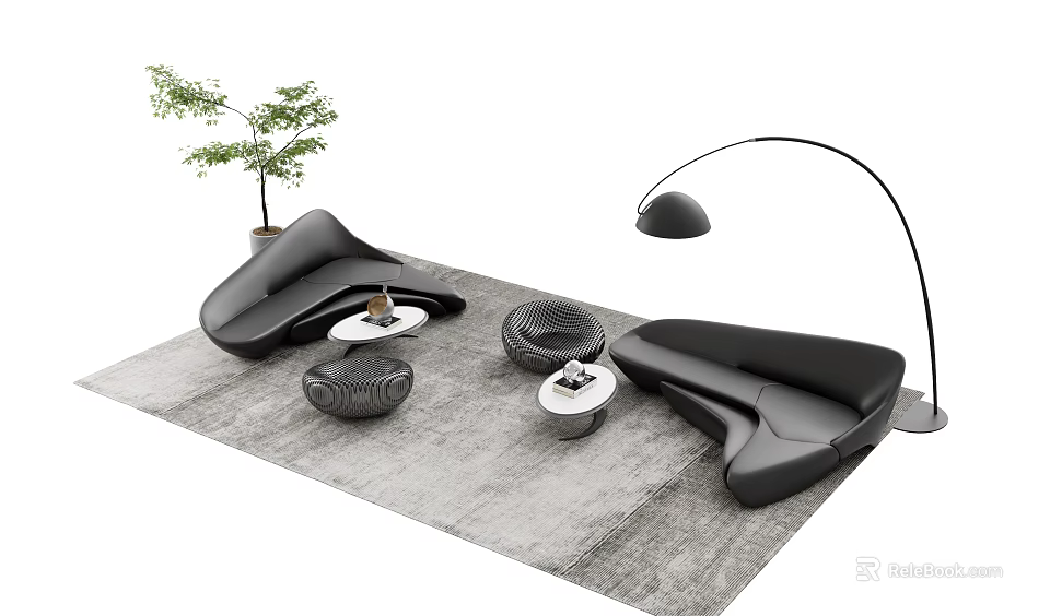 Modern Curved Black Sofa And Coffee Table Set With Gray Rug Floor Lamp And Plant 3d model 