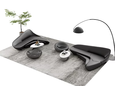 Modern Curved Black Sofa And Coffee Table Set With Gray Rug Floor Lamp And Plant 3d model