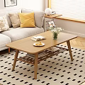 Modern Light Wood Coffee Table in Living Room with Book Fruit Plate White Flower Vase